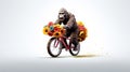 a gorilla on a bicycle in the street with the flowers on the isolated background