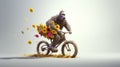 a gorilla on a bicycle in the street with the flowers on isolated