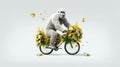 a gorilla on a bicycle in the street with the flowers white background