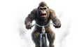 a gorilla on a bicycle in the street on isolated background