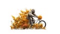 a gorilla on a bicycle in the street with the orange flowers