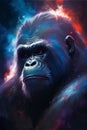 Gorilla in a cosmic space. Multicolored background.