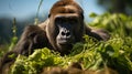 A gorilla eating grass. Generative AI. Royalty Free Stock Photo