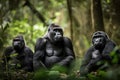 gorilla family, with mother and her offspring in lush forest