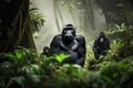 gorilla family, with mother and her offspring in lush forest