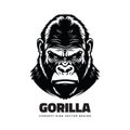 Gorilla head creative logo. Aggressive ape head concept one color flat style logo. White graphic drawing on a black background. Royalty Free Stock Photo