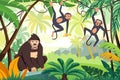 gorilla jungle background. cartoon funny tropical neanderthal exotic primates, funny apes in jungle, brutal and baby Royalty Free Stock Photo