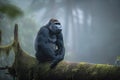 gorilla in the misty forest, sitting on a tree branch