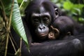 a gorilla mother cradling her baby