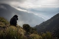 gorilla in mountain landscape, with misty clouds and distant peaks
