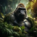 Gorilla in rainforest. Wild animal in natural environment.