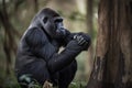 gorilla, scratching its back against tree trunk, in peaceful setting