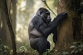 gorilla, scratching its back against tree trunk, in peaceful setting