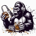 Gorilla Singing On Mic with Whiskey Vector Illustations