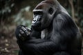 gorilla sitting down, with its arm resting on its leg