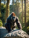 Gorilla sitting on a rock in the forest. Royalty Free Stock Photo
