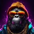 gorilla stands in profile, with a stylish pair of sunglasses and a gold chain around its neck