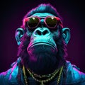 gorilla stands in profile, with a stylish pair of sunglasses and a gold chain around its neck