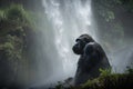 gorilla in waterfall, with misty spray and waterfalls