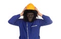 Gorilla with worker clothes and yellow helmet Royalty Free Stock Photo