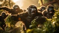 Gorillas swinging through the trees of a rainforest