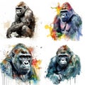 Gorillas watercolor illustration set