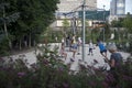 Gorky Park. Childrens and their parents on the modern childrens playground in the Gorky Park