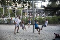 Gorky Park. Childrens and their parents on the modern childrens playground in the Gorky Park