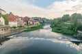 Lusatian Neisse river with waterfall on the border between Poland and Germany at Gorlitz and Zgorzelec