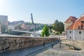 View from hill Lusatian Neisse river with waterfall on the border between Poland and Germany at Gorlitz and Zgorzelec