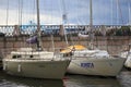 GORN and YUNGA yachts near the granite embankment, close-up Royalty Free Stock Photo