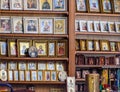 A church shop. Icons, candles and other Christian attributes are on sale.