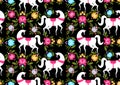 Gorodets painting Black horse and floral seamless pattern. Russian national folk craft ornament. Traditional decoration texture p