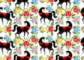 Gorodets painting Black horse and floral seamless pattern. Russian national folk craft ornament. Traditional decoration texture p