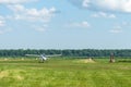 Gorodok.Ukraine. June 6, 2021. Tsuniv airfield. Training aircraft, taxiing to the parking lot of the airfield, after landing. Royalty Free Stock Photo