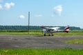 Gorodok. Ukraine. June 6, 2021. Tsuniv airfield. Training aircraft, taxiing to the runway. Sport. Extreme entertainment. Transport Royalty Free Stock Photo