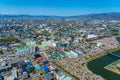 Goryokaku park in springtime cherry blossom season ( April, May ), aerial view star shaped fort in sunny day