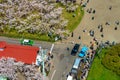 Goryokaku park in springtime cherry blossom season ( April, May ), aerial view star shaped fort in sunny day