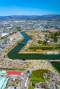 Goryokaku park in springtime cherry blossom season ( April, May ), aerial view star shaped fort in sunny day