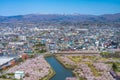 Goryokaku park in springtime cherry blossom season ( April, May ), aerial view star shaped fort in sunny day