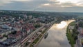 Sunrise view over Warta river at Gorzow Wielkopolski from bird sight. City from drone Royalty Free Stock Photo