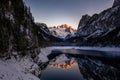 Gosau lake with Dachstein glacier in winter at sunset, Upper Austria