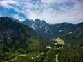 Gosausee mountain peaks aerial view with clouds