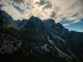 Gosausee mountain peaks aerial view with clouds