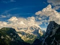 Gosausee mountain peaks aerial view with clouds