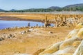 Gossan Reservoir with orange stalagmites on shore, Andalusia, Sp Royalty Free Stock Photo