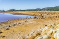 Gossan Reservoir with orange stalagmites on shore, Andalusia, Sp Royalty Free Stock Photo