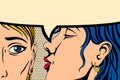 Gossip girl whispering in ear secrets. Comic book panel in pop art style. Rumor or word-of-mouth concept. Emotional