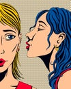 Gossip girl whispering in ear secrets. Comic book panel in pop art style. Rumor or word-of-mouth concept. Emotional