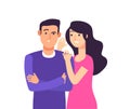 Gossiping. Woman speaking rumor gossip whisper secret to shocked man whispering vector cartoon concept